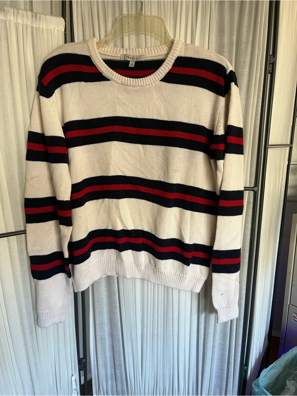 Papaya Preppy Crewneck Sweater with Navy and Red Stripes